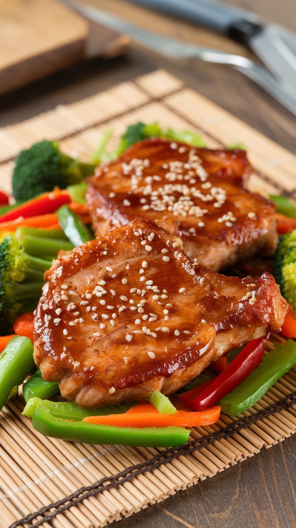 Teriyaki pork chops served with stir-fried vegetables on a bamboo mat.
