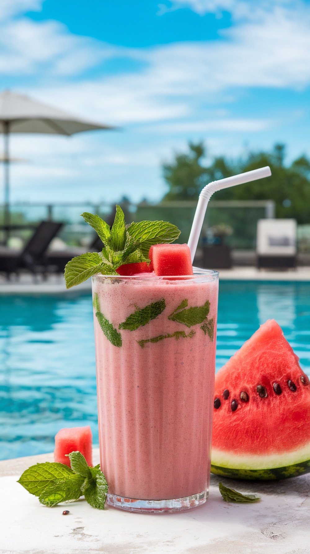 A refreshing watermelon mint cooler smoothie by the poolside, garnished with mint leaves and watermelon.