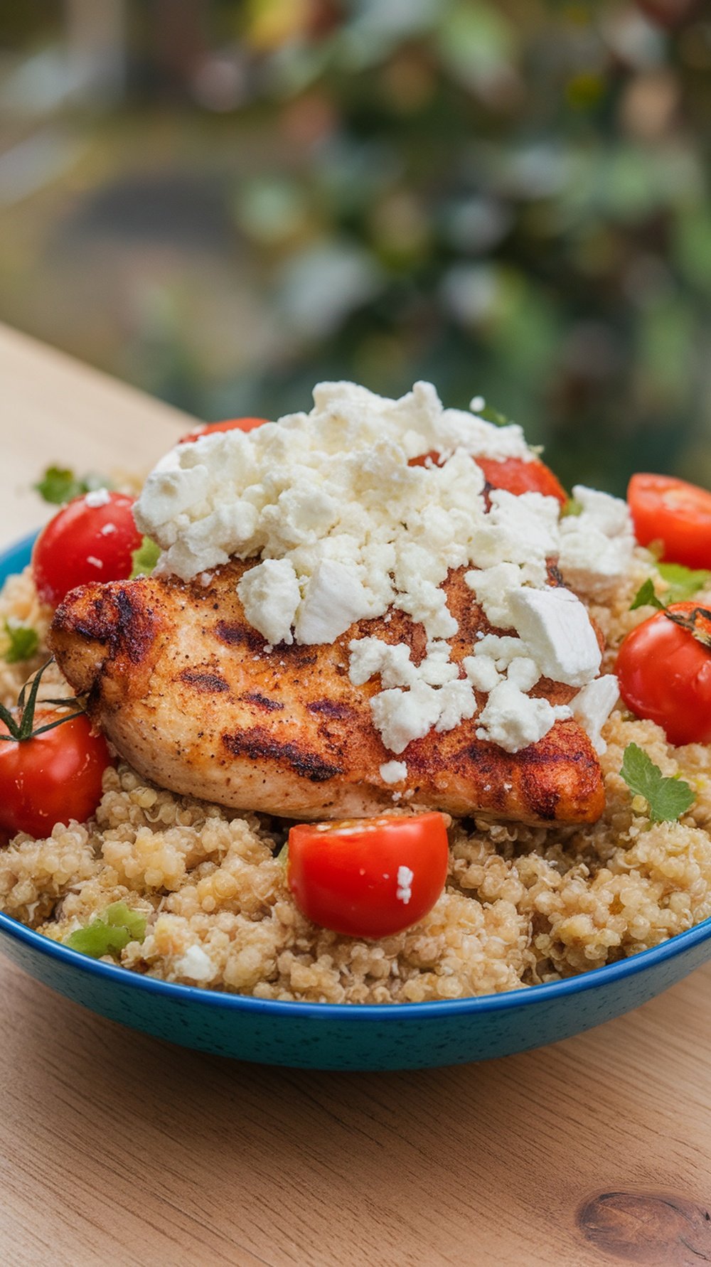 A Mediterranean Chicken Quinoa Bowl with grilled chicken, cherry tomatoes, and feta cheese on a bed of quinoa.