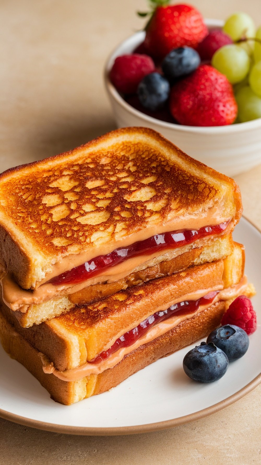 Peanut Butter and Jelly French Toast stacked with fresh berries on the side