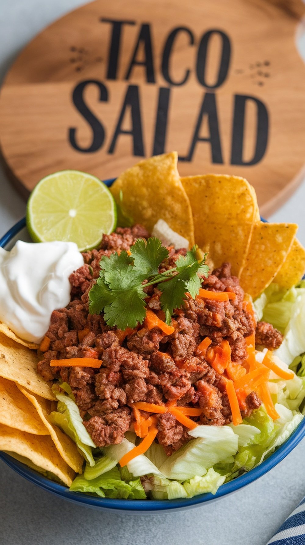 A colorful taco salad with ground beef, lettuce, shredded carrots, tortilla chips, sour cream, and lime.