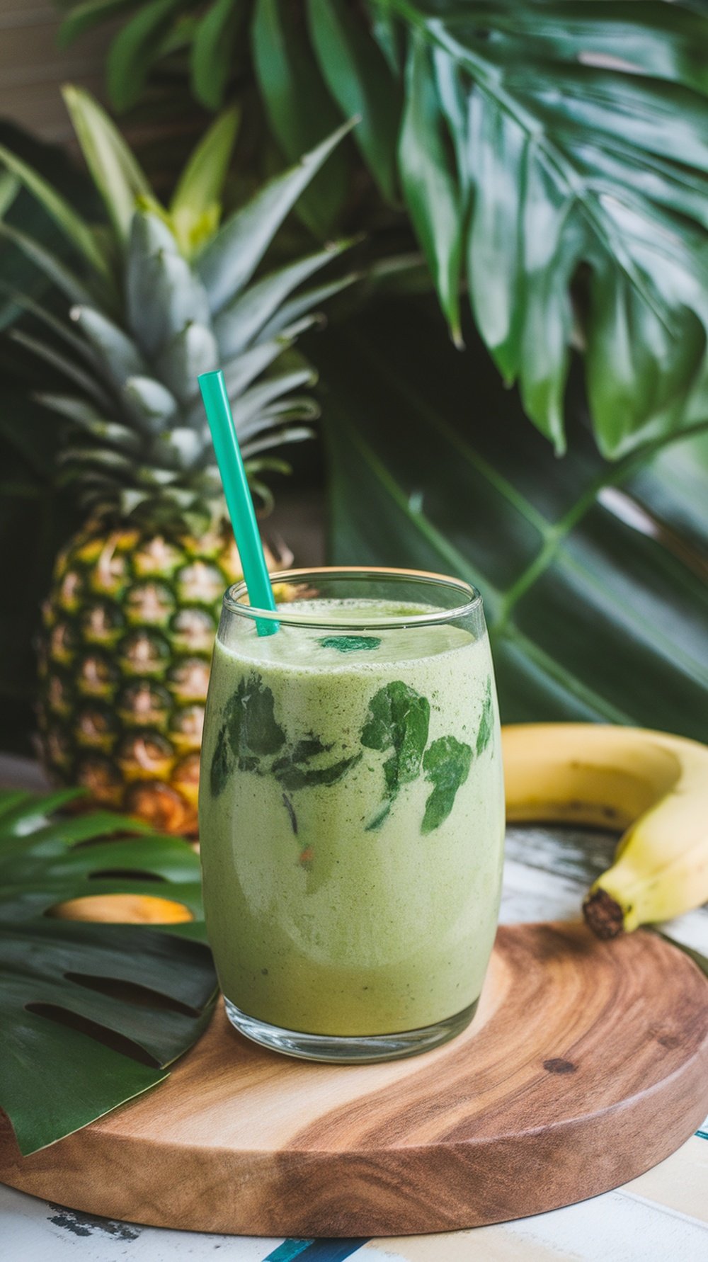 A refreshing Tropical Green Smoothie in a glass with a green straw, surrounded by tropical leaves and a pineapple.