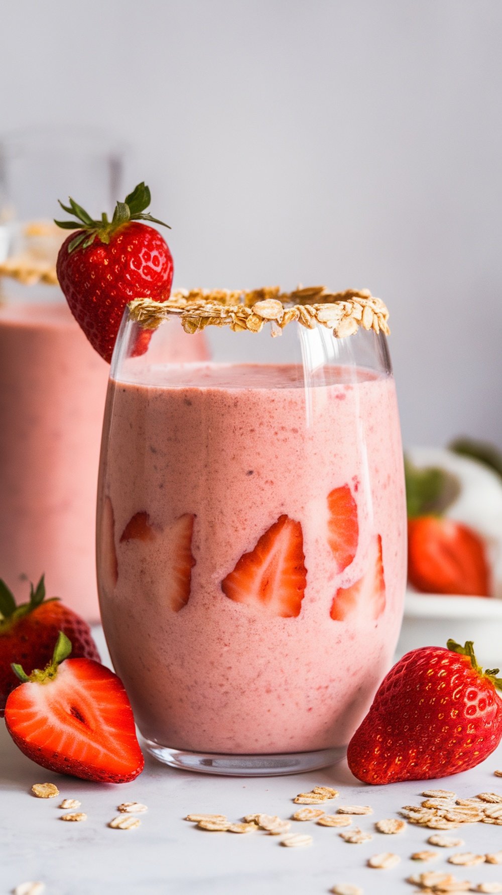 A strawberry oat smoothie in a glass, garnished with a strawberry and oats.