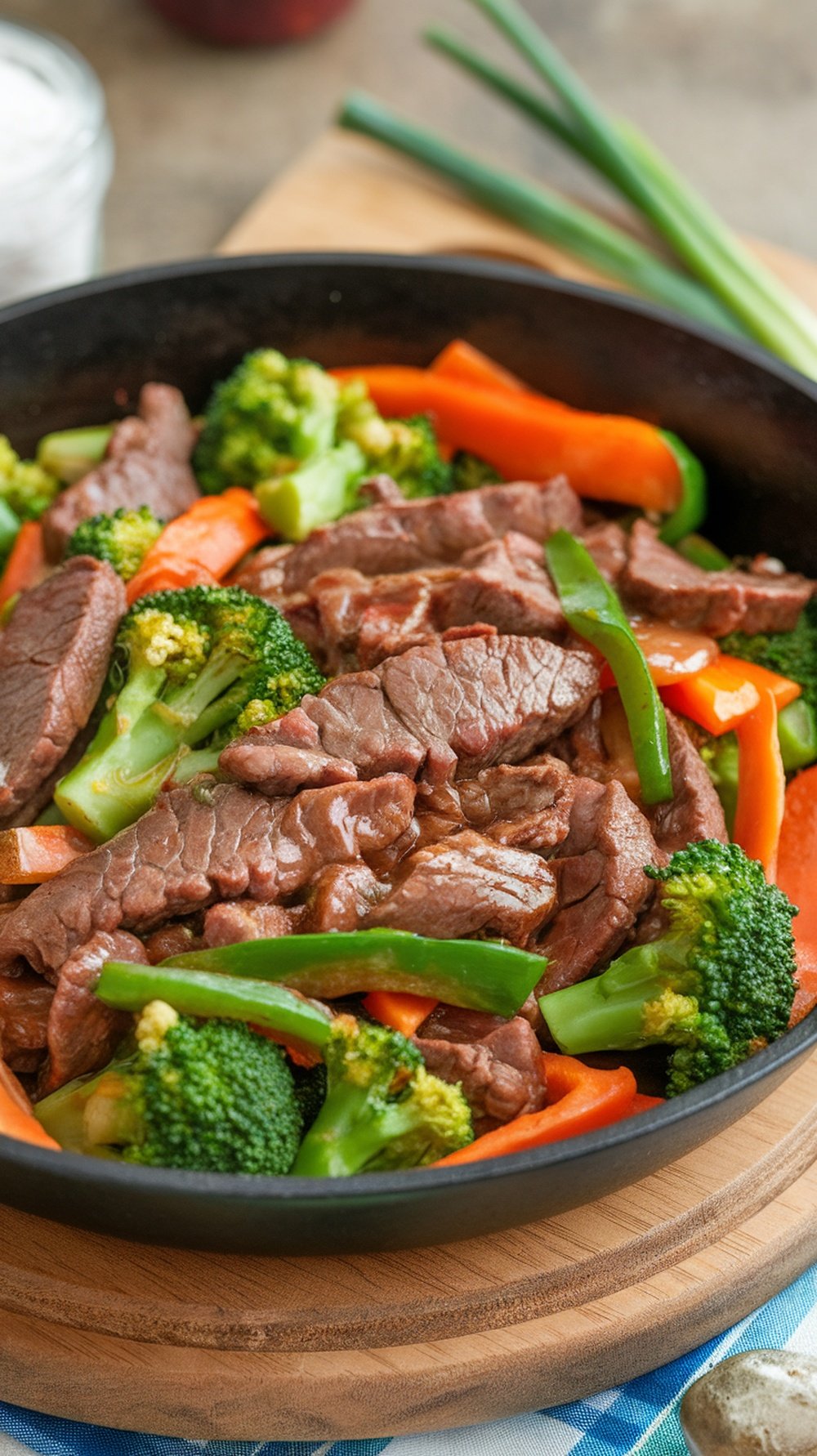 A colorful one-pan beef and broccoli stir-fry with sliced beef, broccoli florets, and bell peppers.