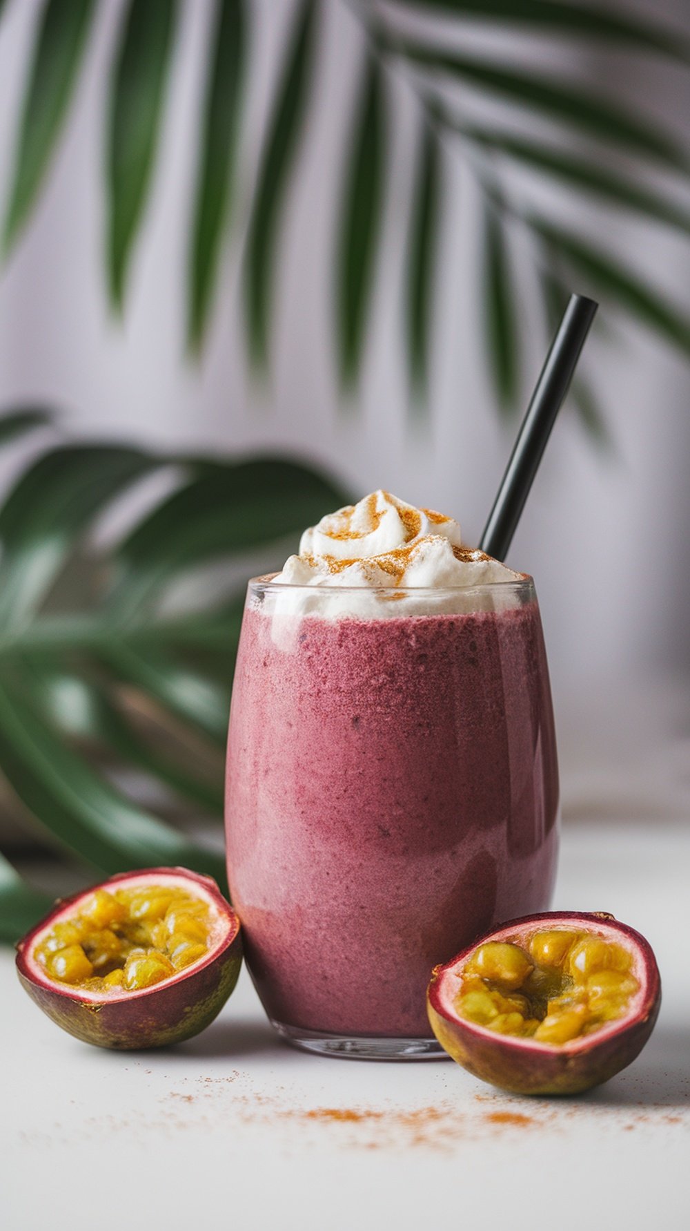 A vibrant passion fruit smoothie topped with whipped cream and cinnamon, surrounded by fresh passion fruits and green leaves.