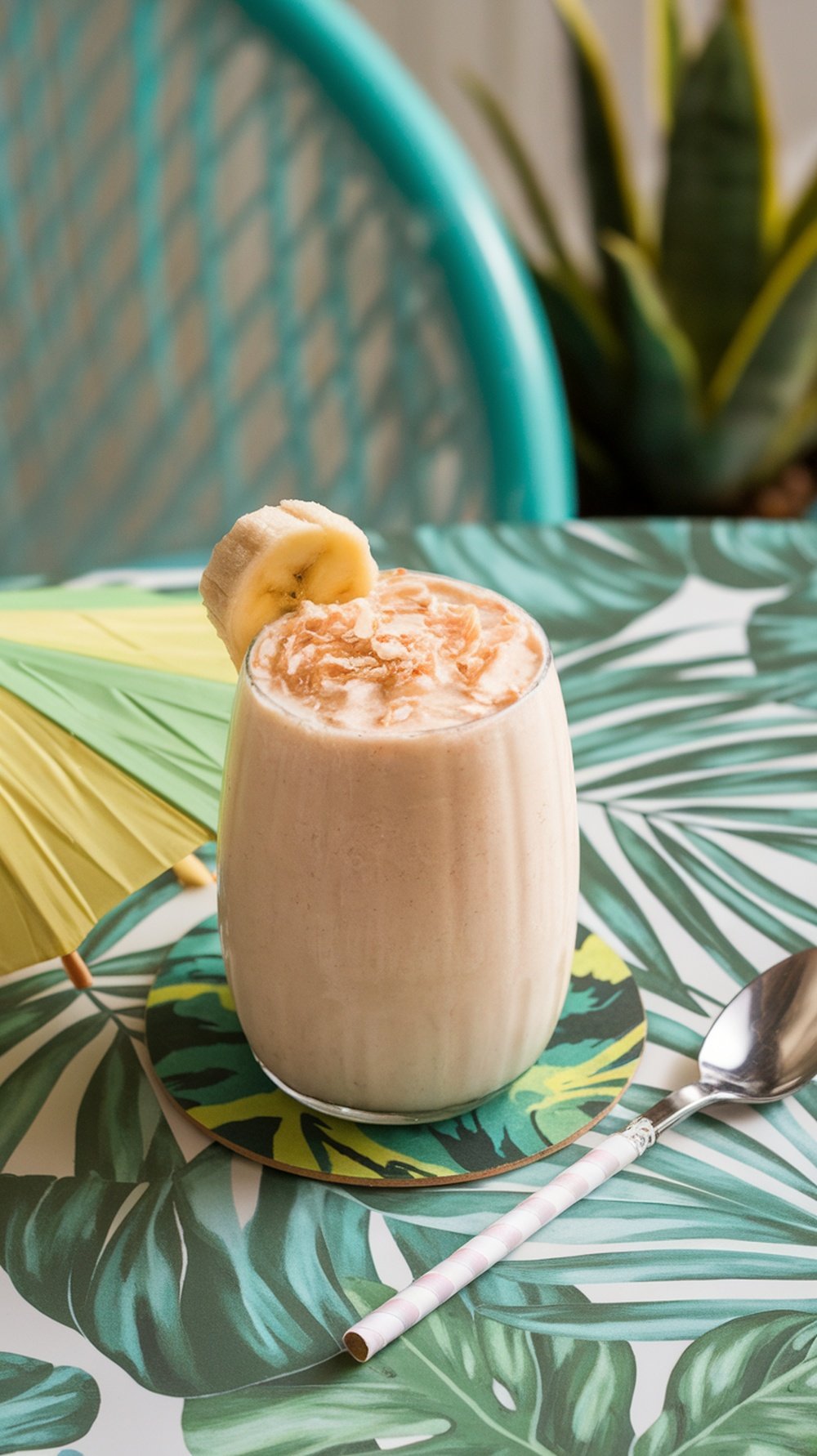 A refreshing Coconut Banana Dream smoothie in a glass, topped with banana and coconut, set against a tropical-themed background.