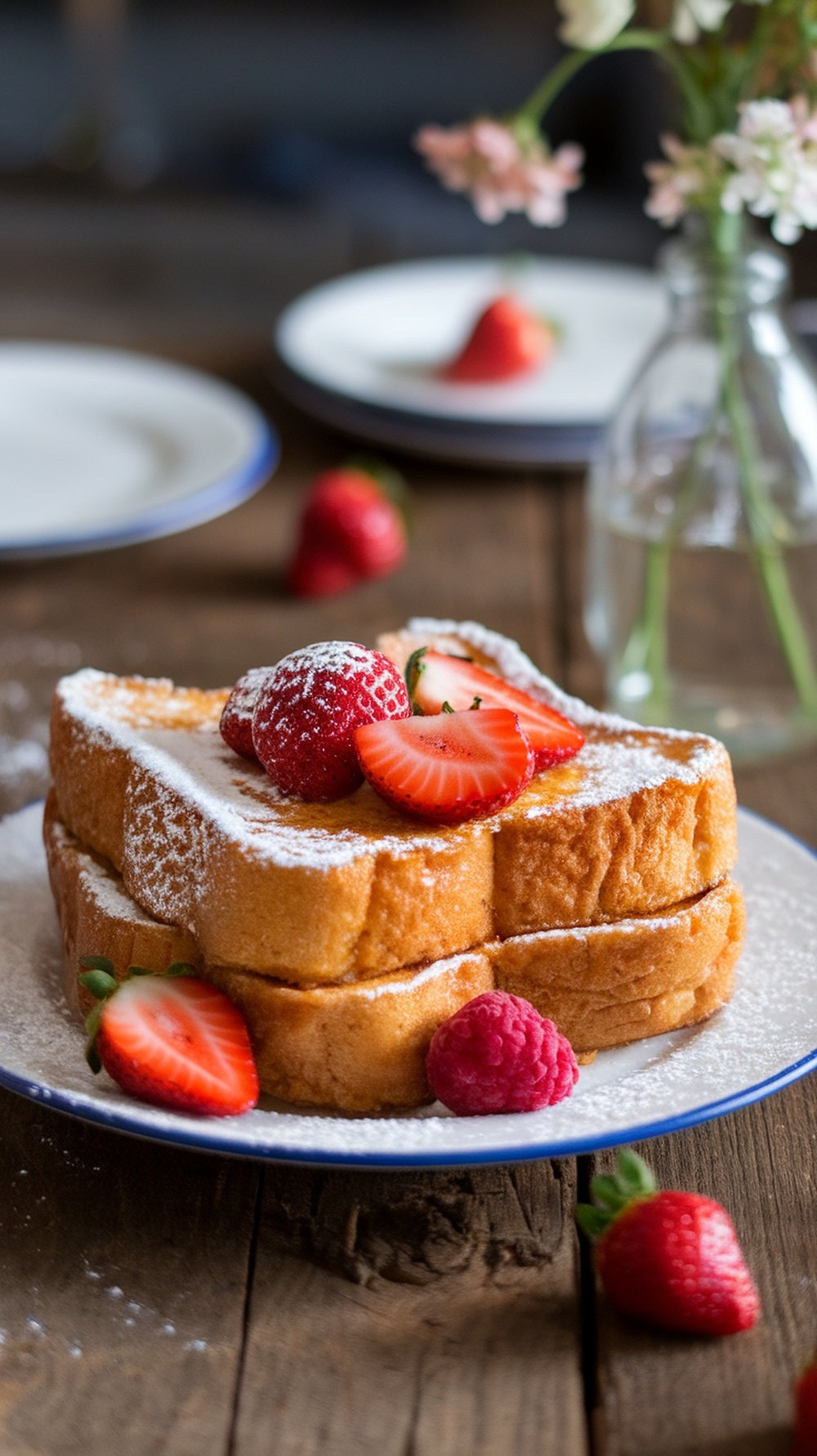 A stack of classic vanilla French toast topped with strawberries and raspberries, dusted with powdered sugar.