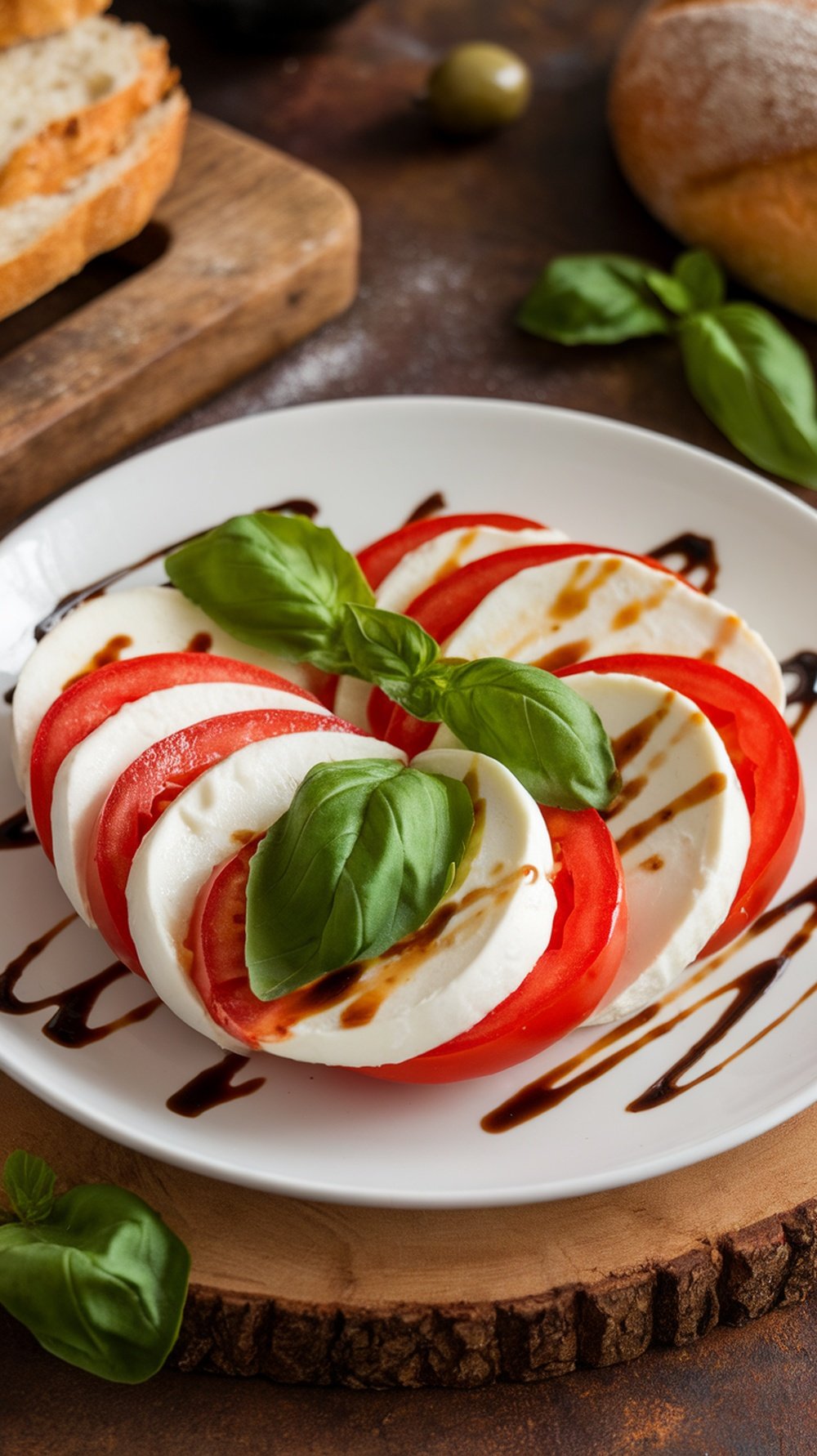 A plate of Caprese salad with sliced tomatoes, mozzarella, and fresh basil, drizzled with balsamic glaze.