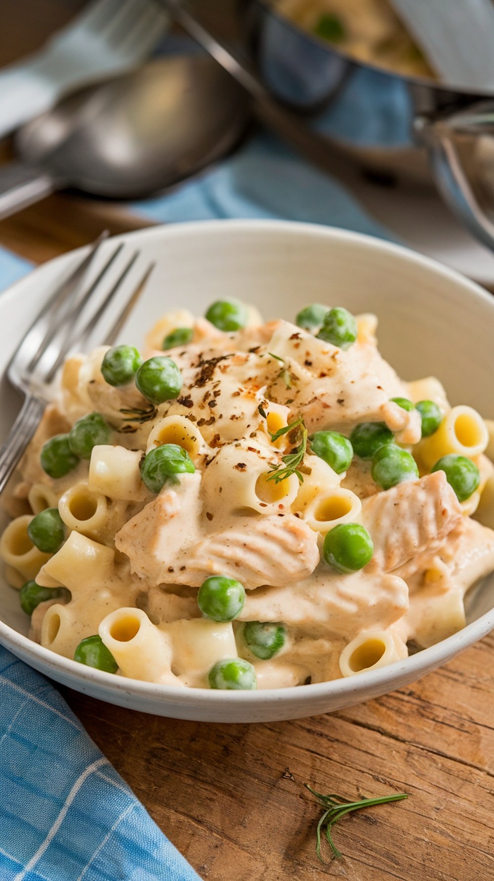 A bowl of creamy Alfredo chicken pasta with peas, garnished with herbs.