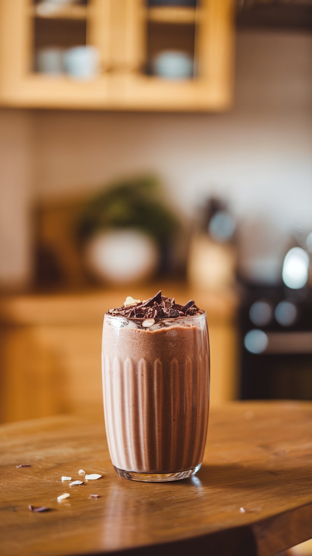 A tall glass of chocolate almond smoothie topped with chocolate shavings and almonds, set in a warm kitchen environment.