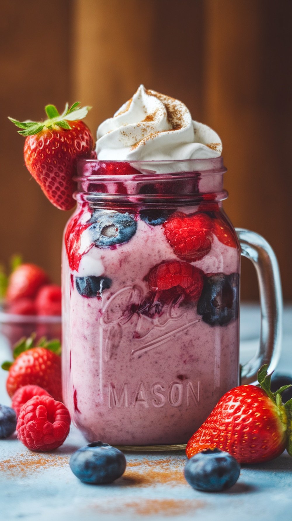 A vibrant berry smoothie in a mason jar, topped with whipped cream and surrounded by fresh strawberries and blueberries.