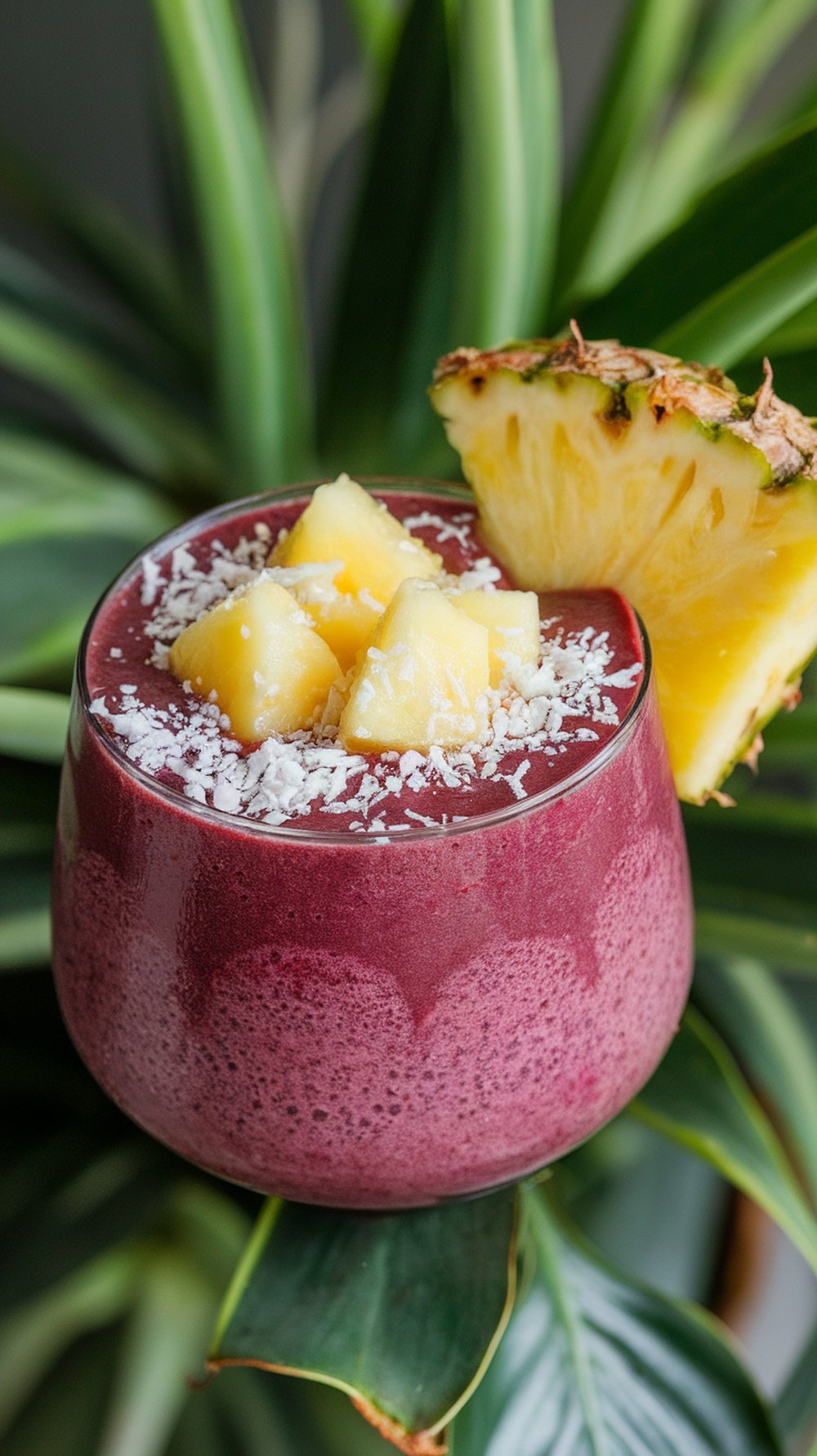 A vibrant Tropical Açaí Smoothie topped with pineapple and coconut, surrounded by lush green leaves.