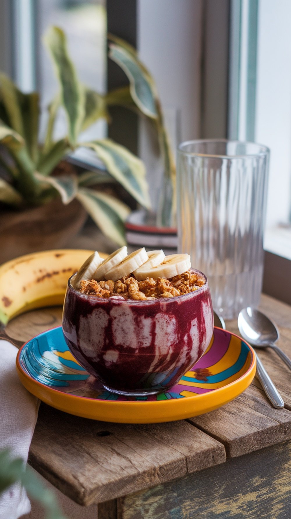 A classic açaí bowl topped with banana slices and granola, served on a colorful plate.