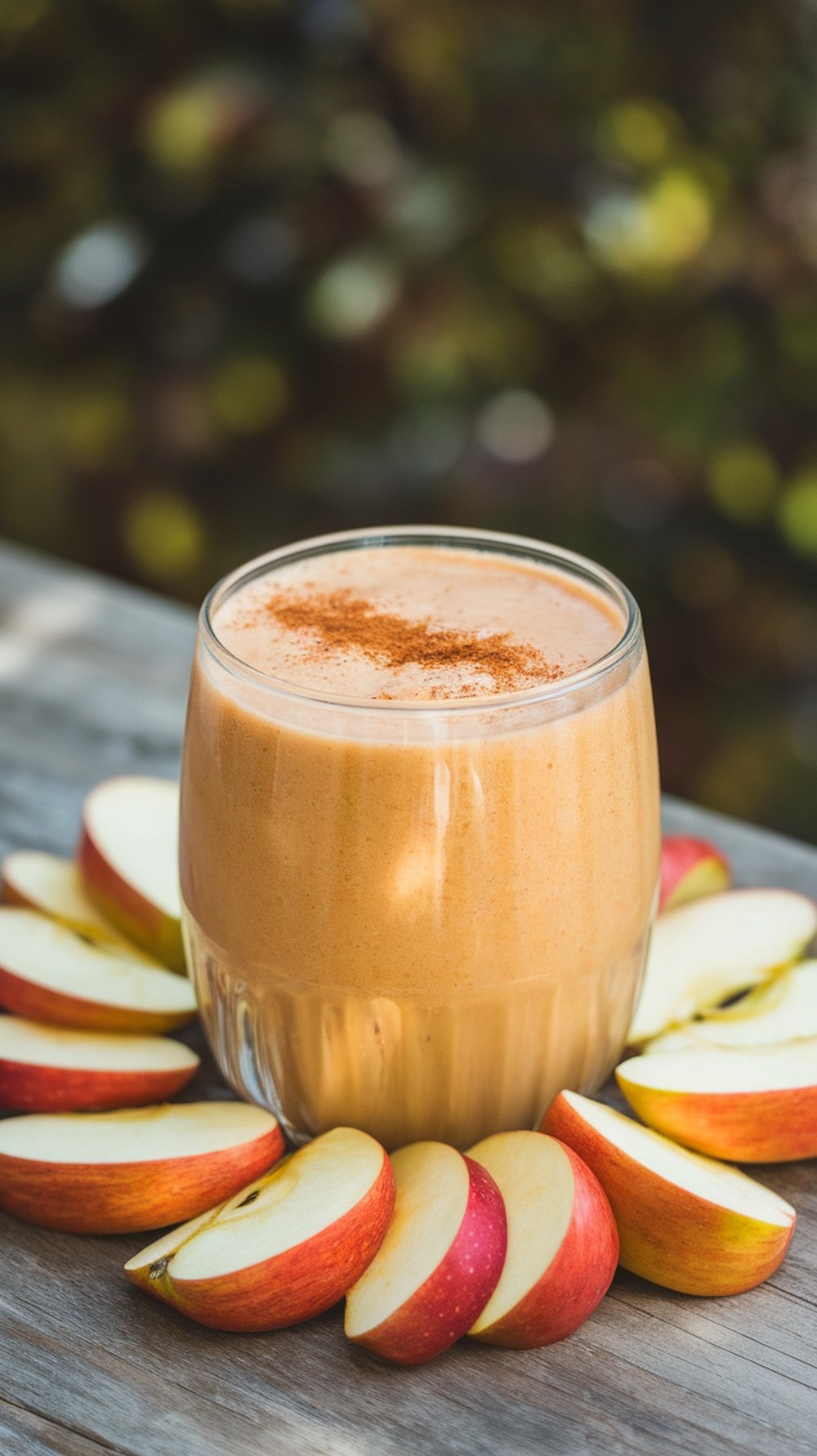 A glass of apple cinnamon smoothie surrounded by fresh apple slices.
