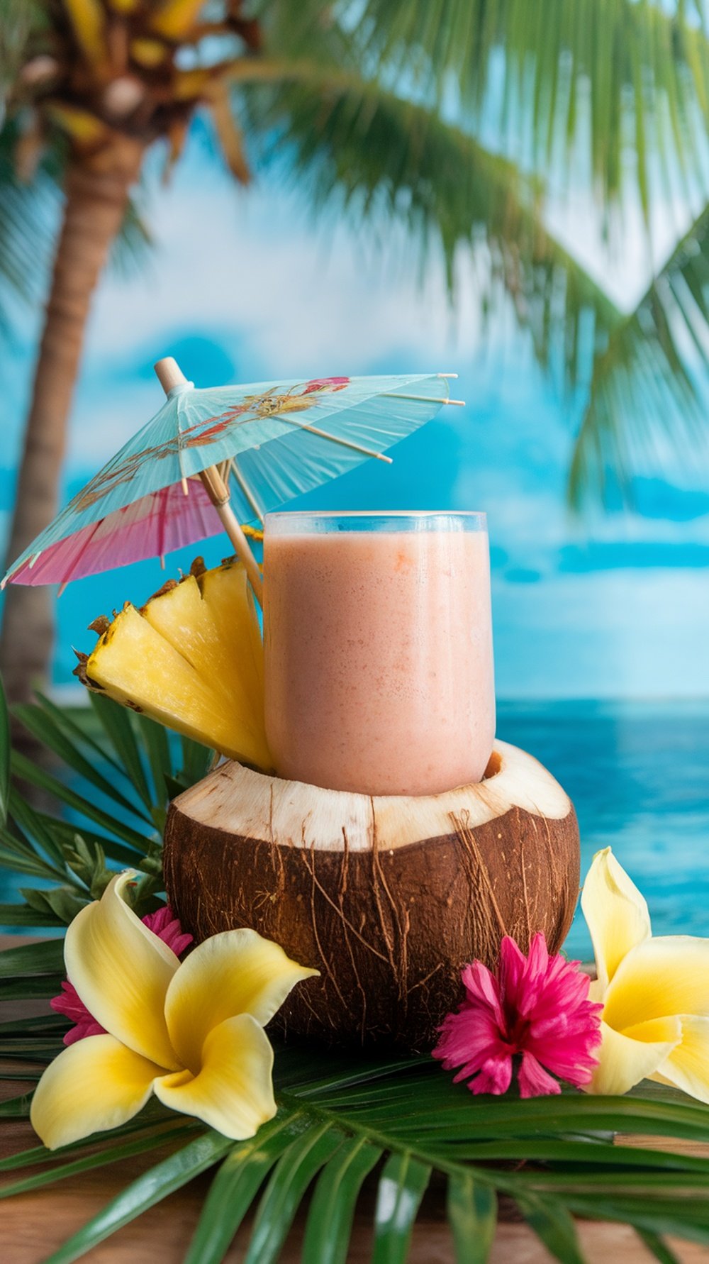 A refreshing Pineapple Coconut smoothie served in a coconut shell with a colorful umbrella and tropical decorations.