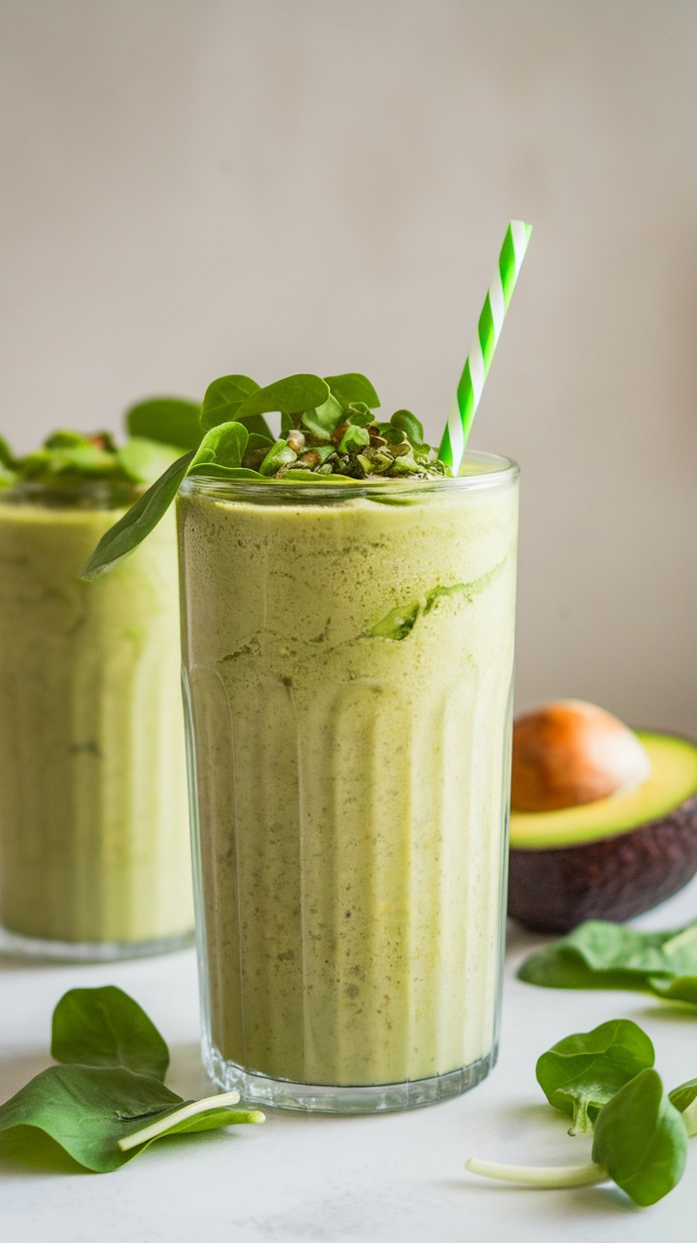 A refreshing green açaí smoothie with spinach and avocado in a tall glass, topped with seeds and a green straw.