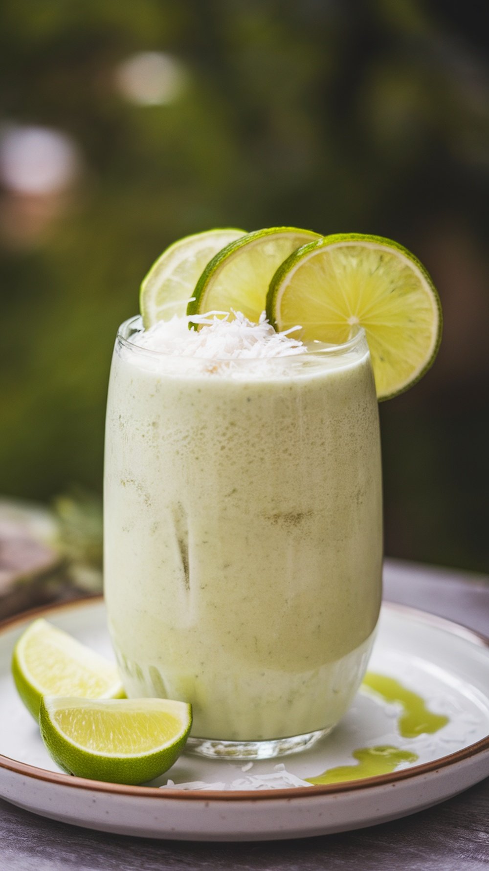 A refreshing coconut lime smoothie garnished with lime slices and shredded coconut.
