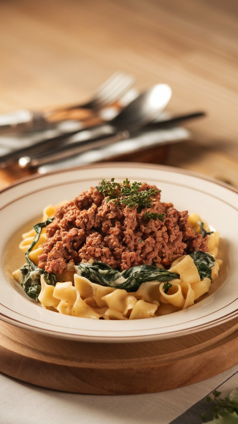 A bowl of ground beef and spinach pasta garnished with herbs, served on a wooden table.