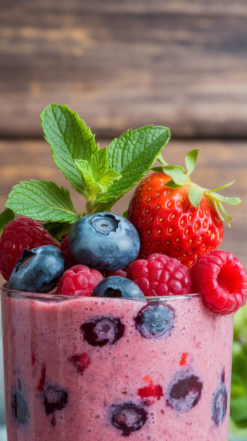 A colorful berry smoothie topped with fresh strawberries, blueberries, and mint leaves.