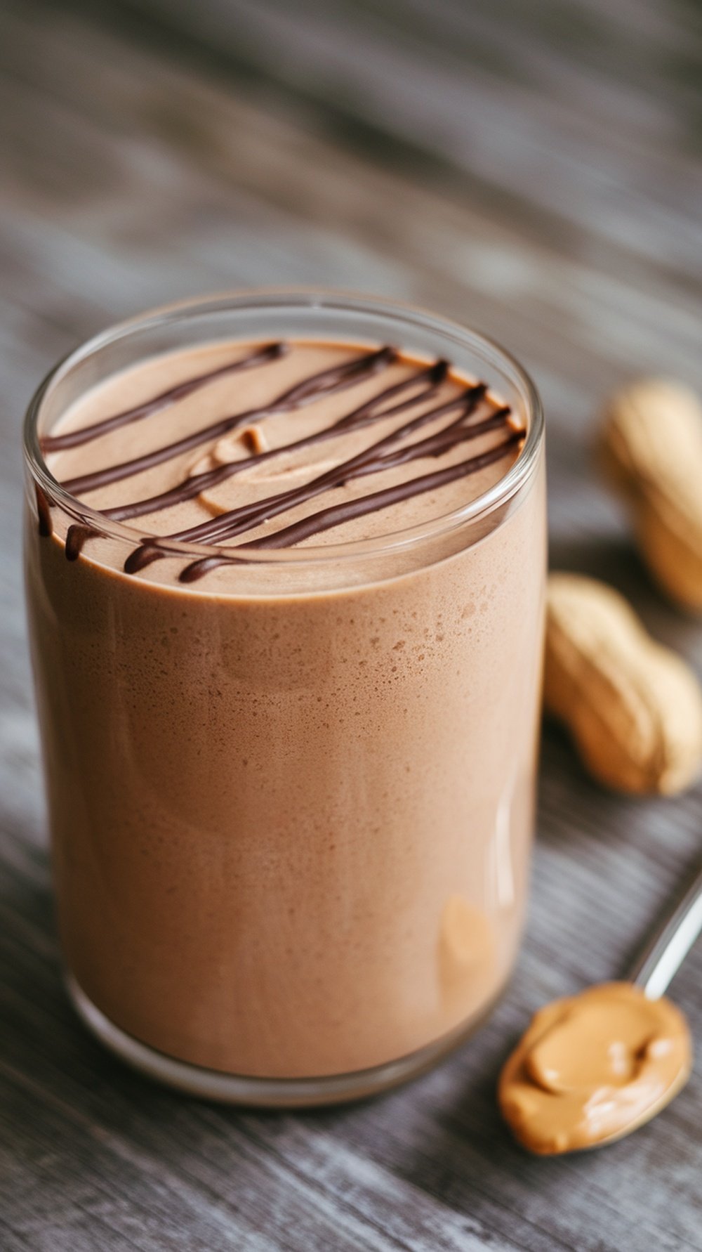 A delicious chocolate peanut butter smoothie in a glass, topped with a drizzle of chocolate.