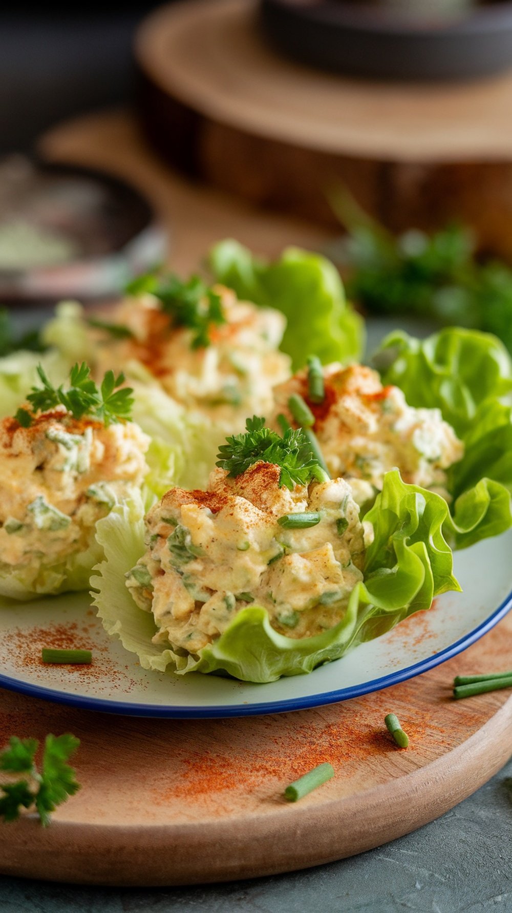Egg salad lettuce wraps filled with creamy egg salad and garnished with paprika and herbs.