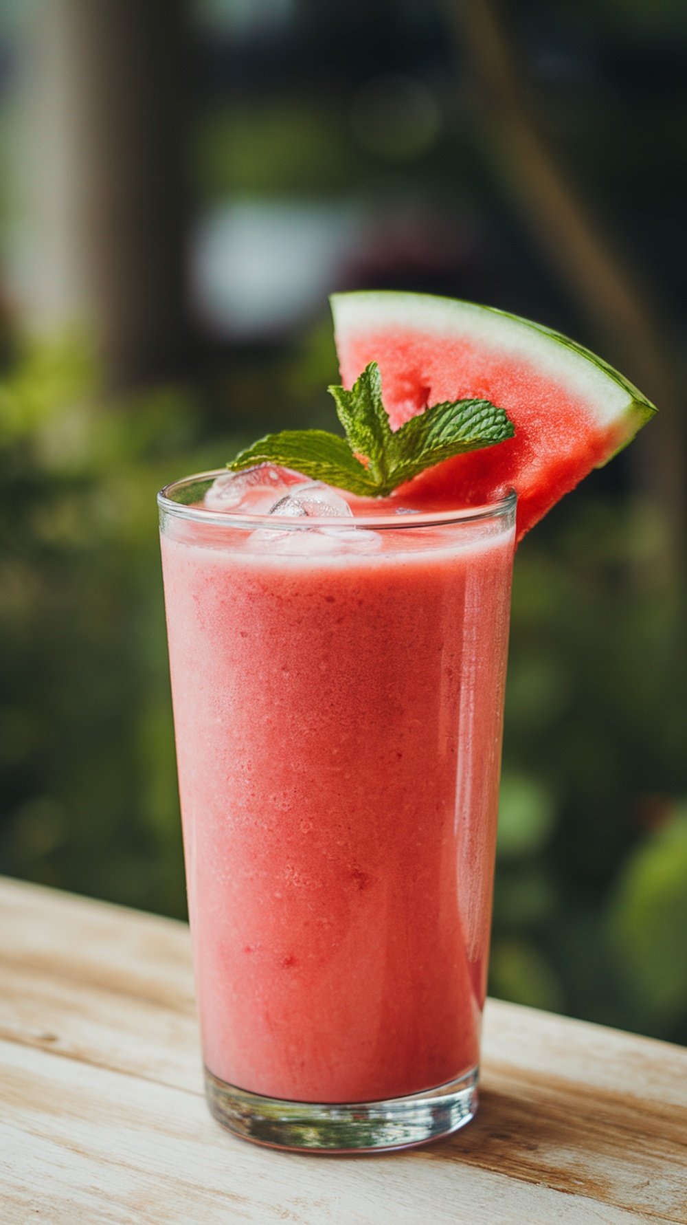 A refreshing watermelon smoothie in a glass with a slice of watermelon and mint garnish.
