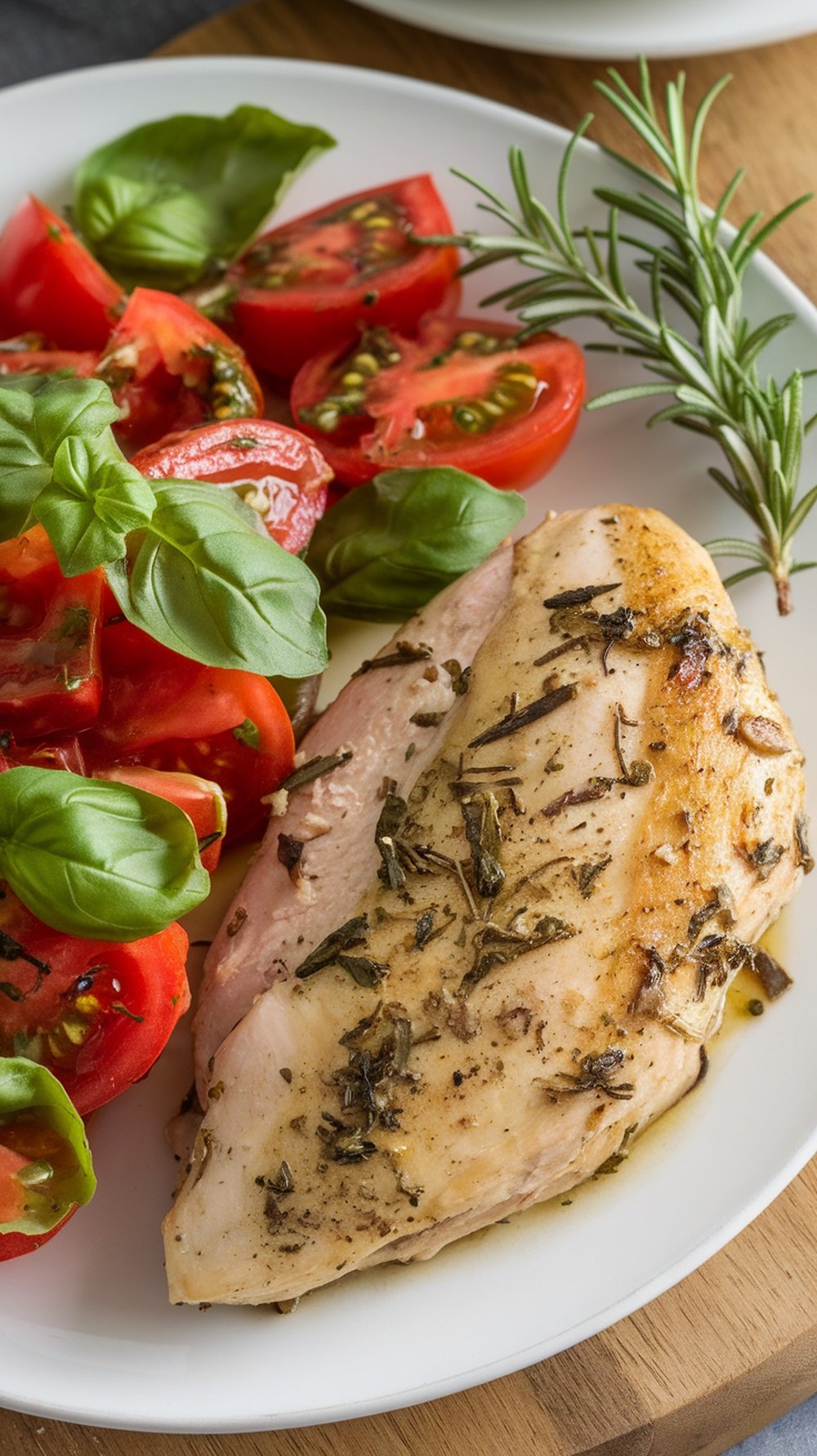 A plate of Italian herb chicken breast served with a fresh tomato salad, garnished with basil.