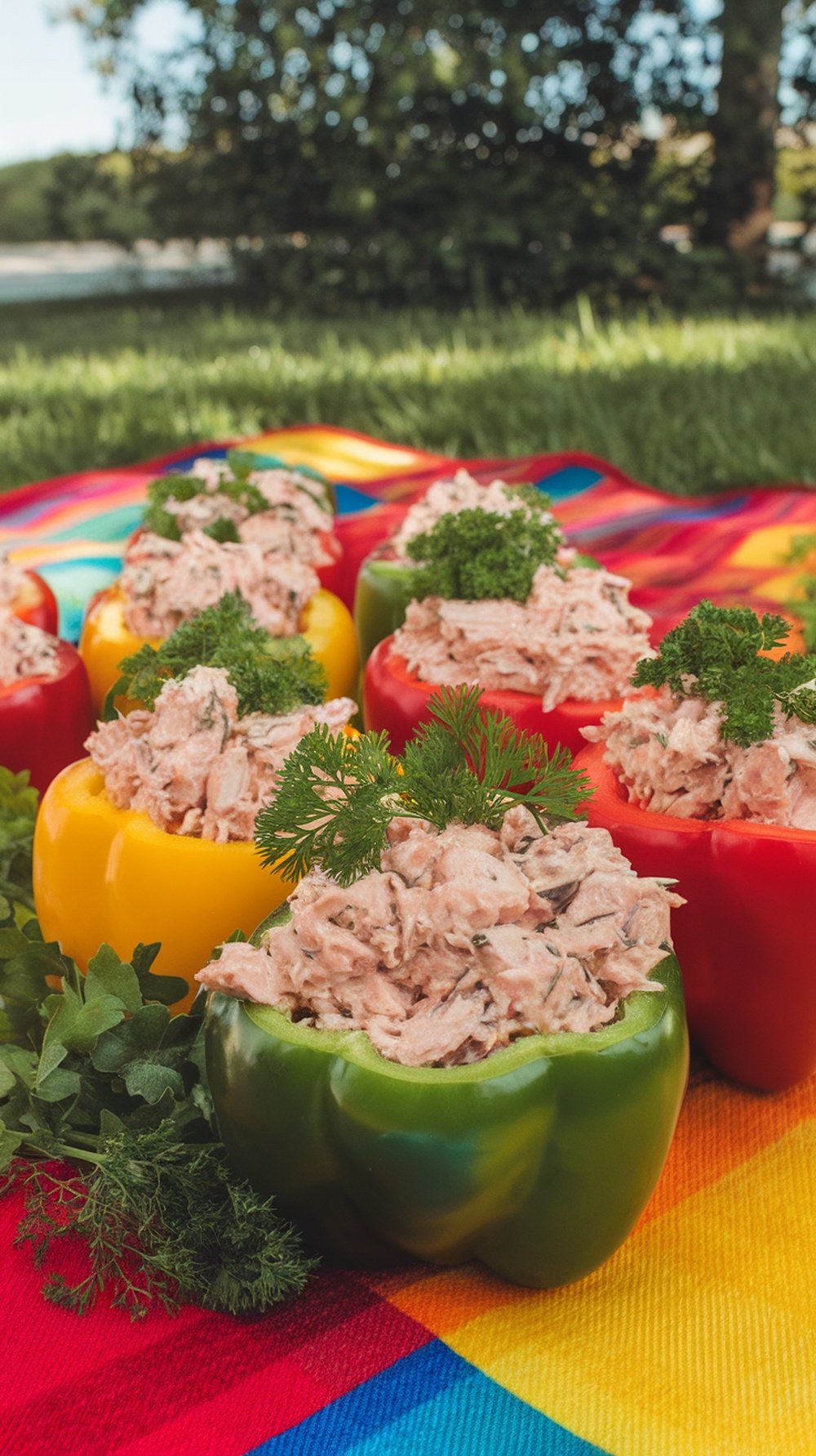 Colorful bell peppers stuffed with tuna salad on a vibrant blanket
