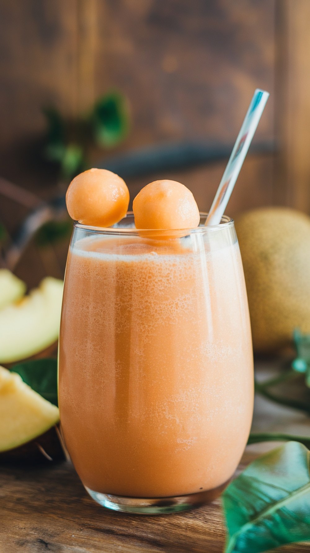 A refreshing Sweet Melon Medley smoothie in a glass with melon balls on top.