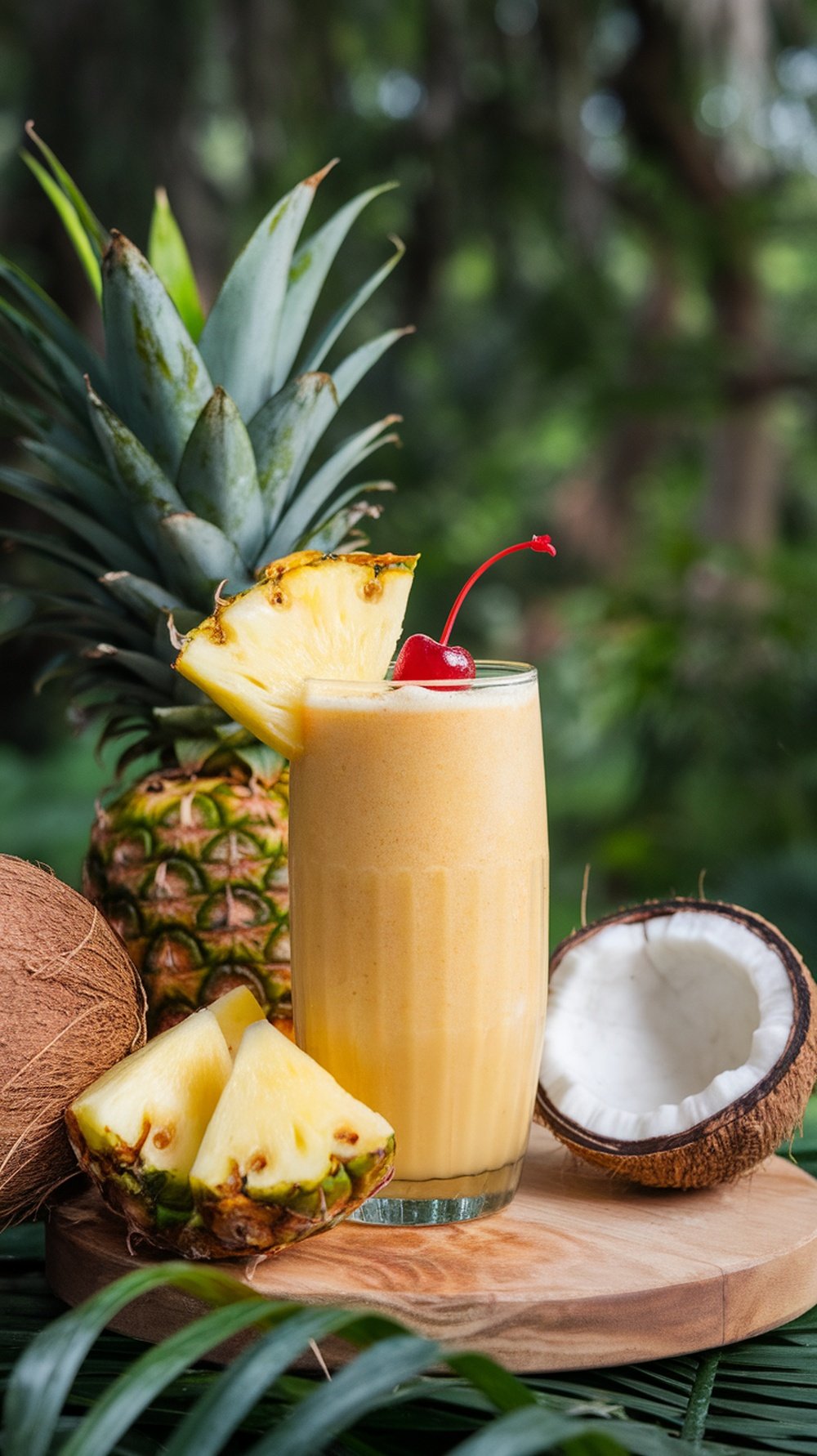 A refreshing Tropical Pineapple Coconut Bliss smoothie in a glass, garnished with a cherry and pineapple slice, surrounded by fresh pineapples and coconuts.
