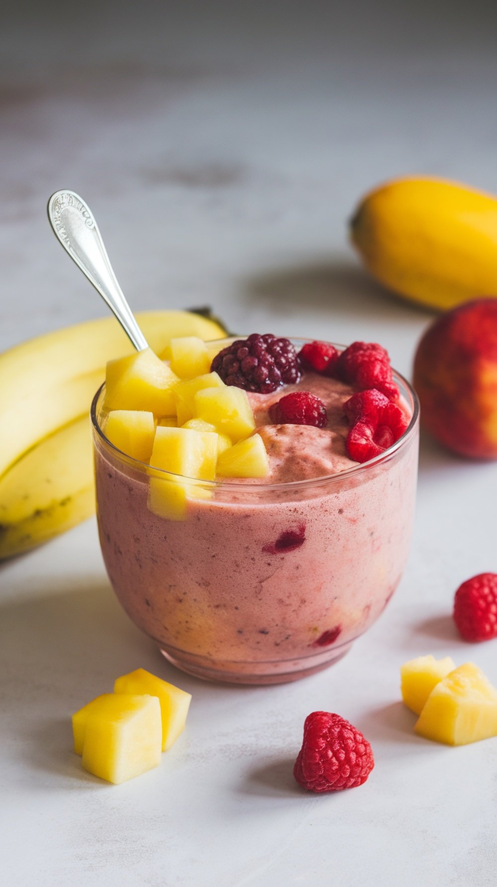 A colorful smoothie topped with fresh fruit, surrounded by bananas and mango chunks.