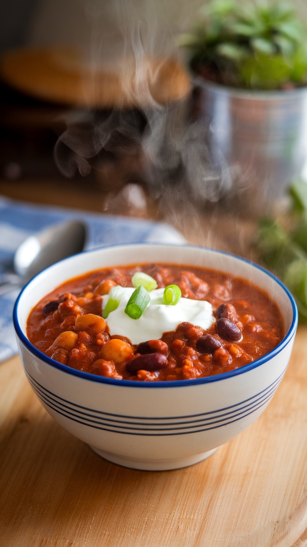 A steaming bowl of beef and bean chili topped with sour cream and green onions.