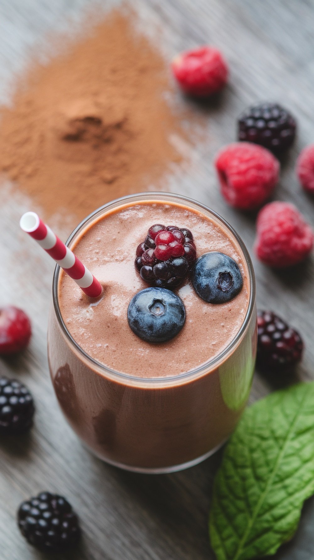 A Cocoa Berry Protein Smoothie topped with fresh berries and a straw
