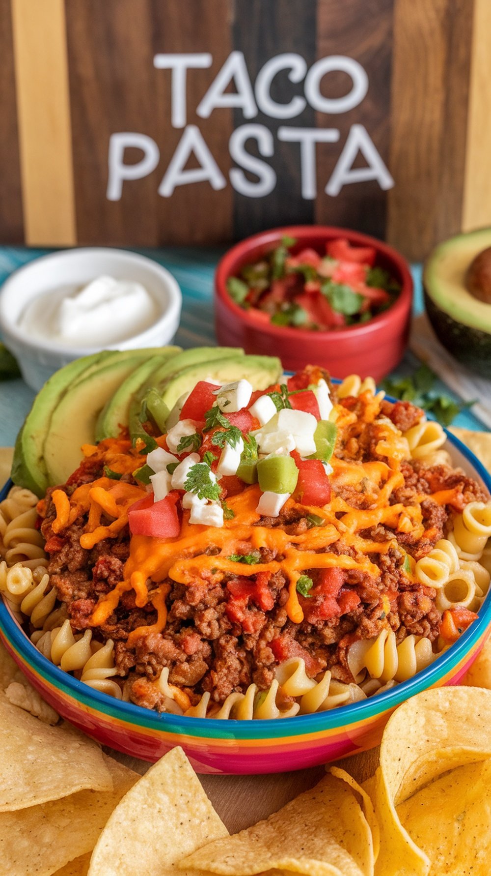 A colorful bowl of taco pasta topped with ground beef, cheese, and fresh toppings, surrounded by tortilla chips.