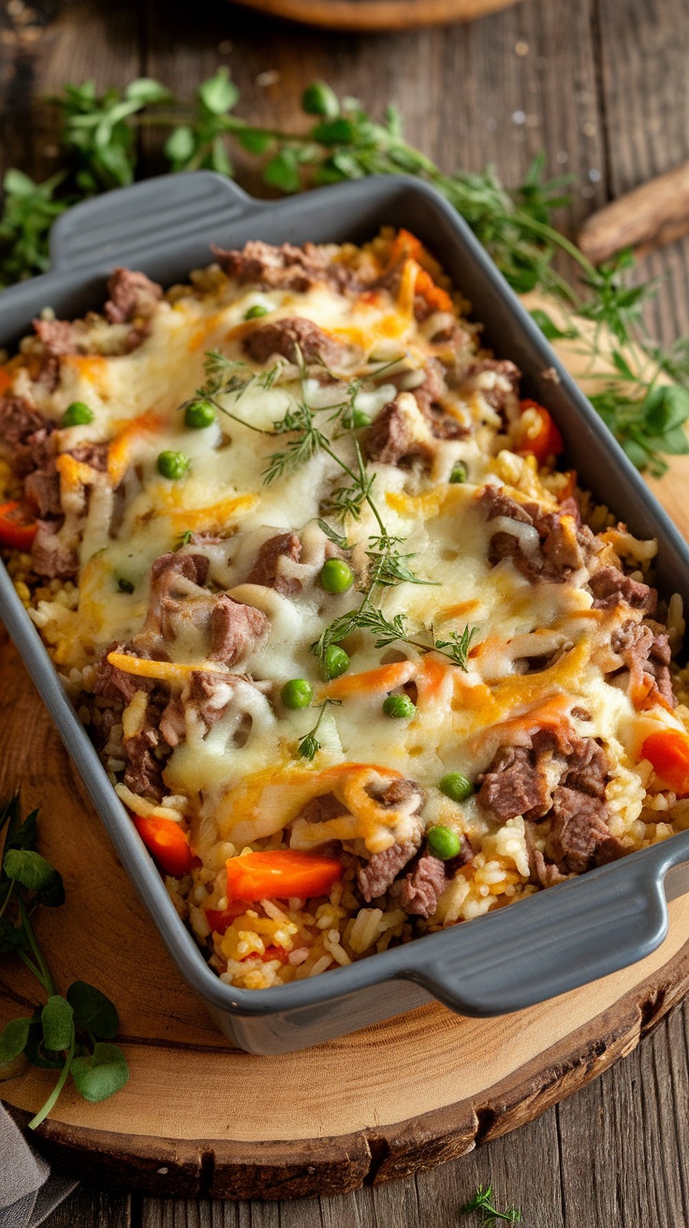 A delicious beef and rice casserole topped with melted cheese and garnished with herbs.