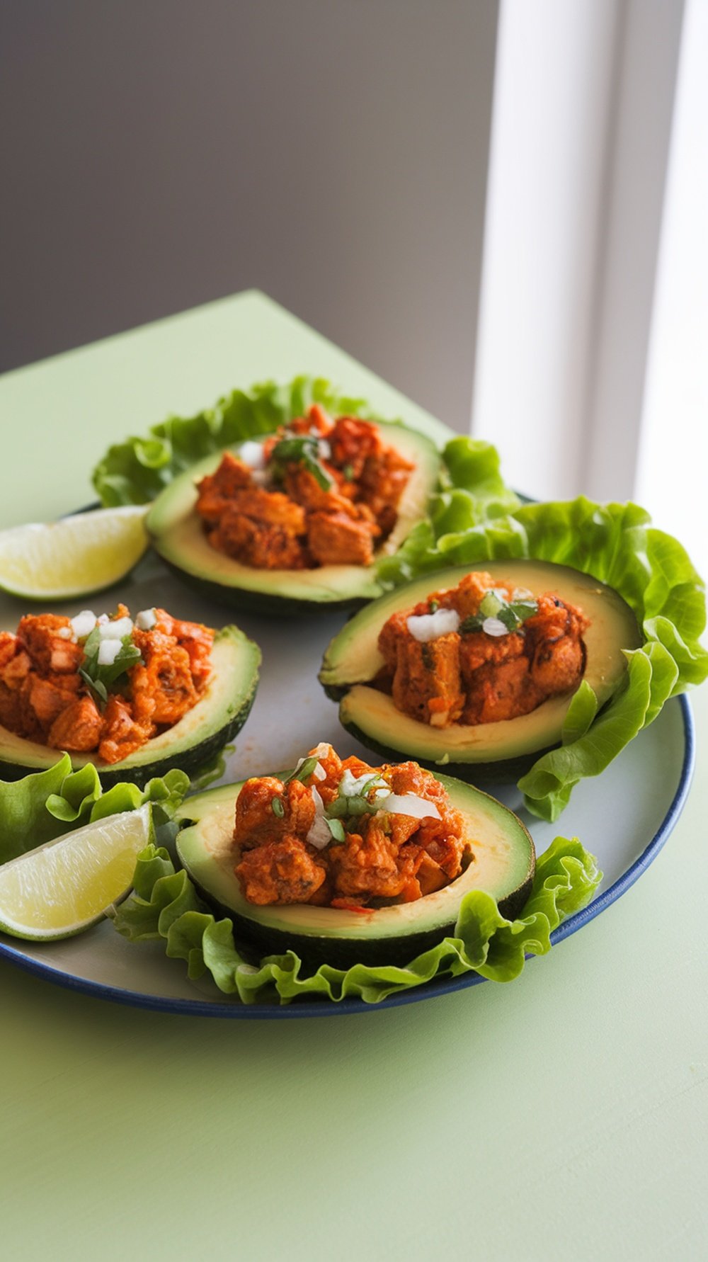 Spicy chicken and avocado lettuce cups served on a plate with lime wedges.