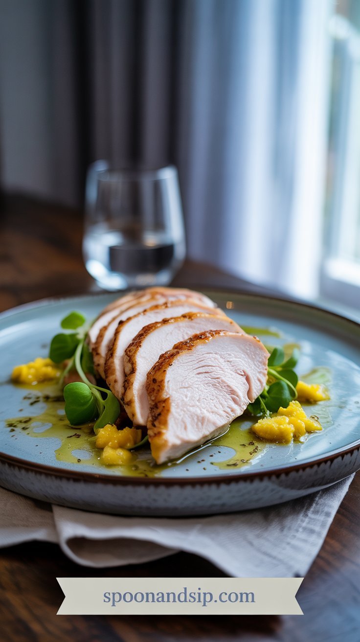 Perfectly cooked chicken breast sliced and plated