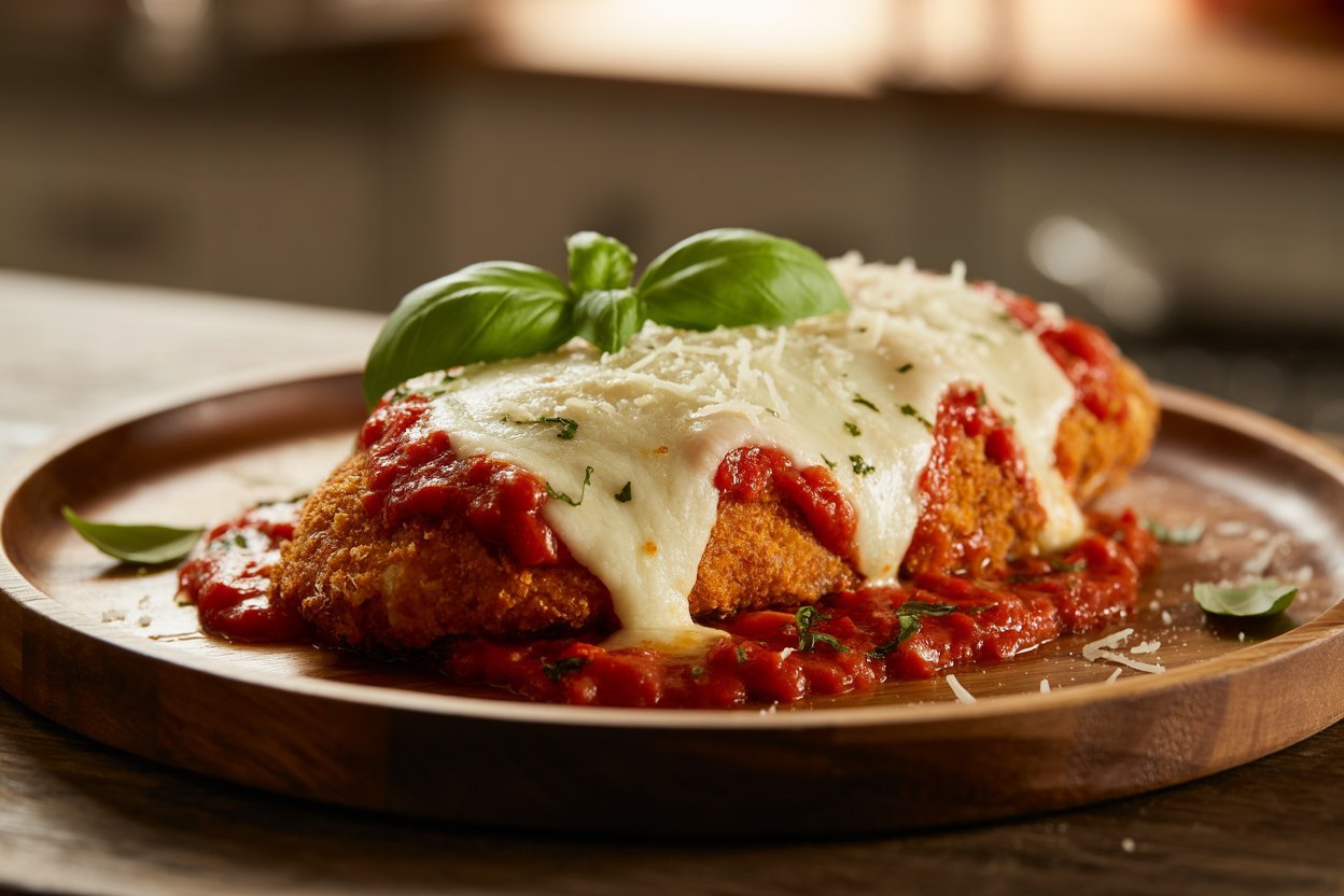 Perfectly plated crispy chicken parmesan showing golden brown crust and melted cheese