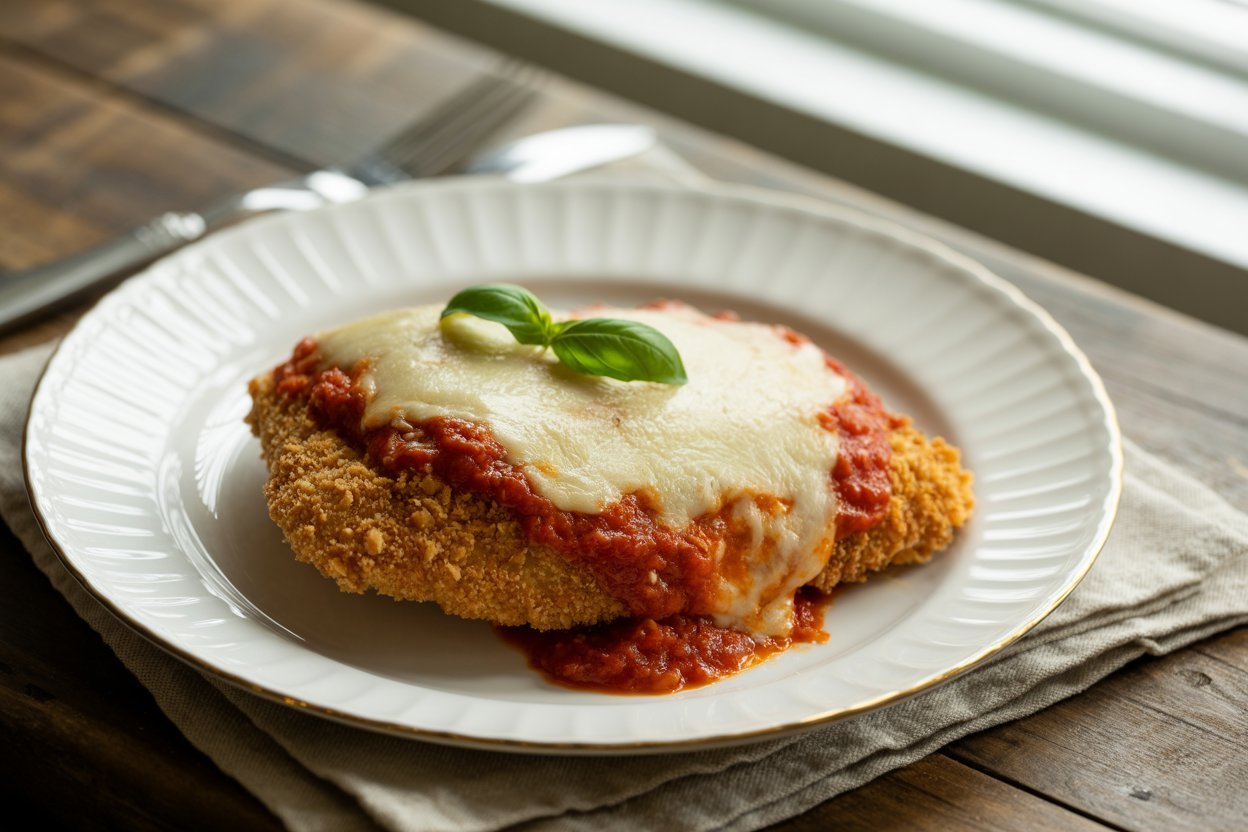 Raw chicken breast being prepared for breading, showing the flattening process with a meat mallet