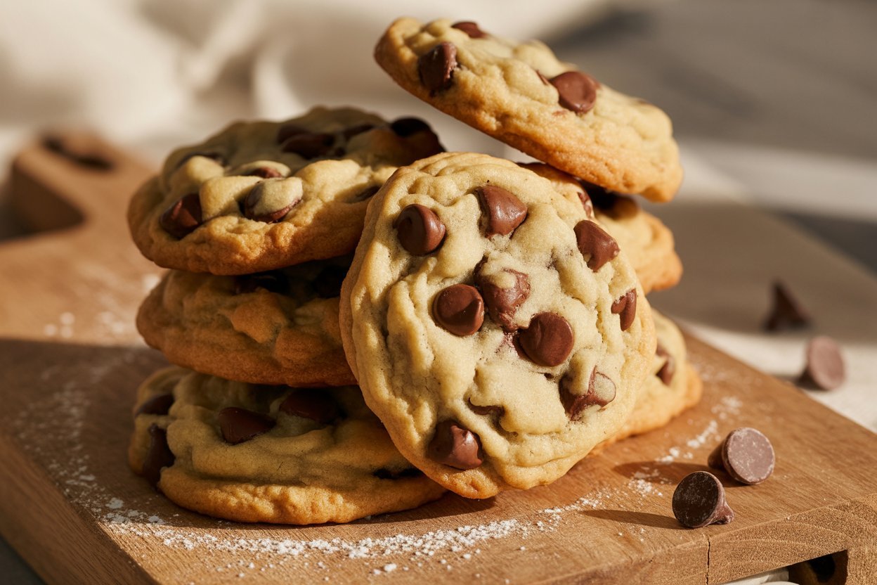 Freshly baked chocolate chip cookies cooling on a wire rack