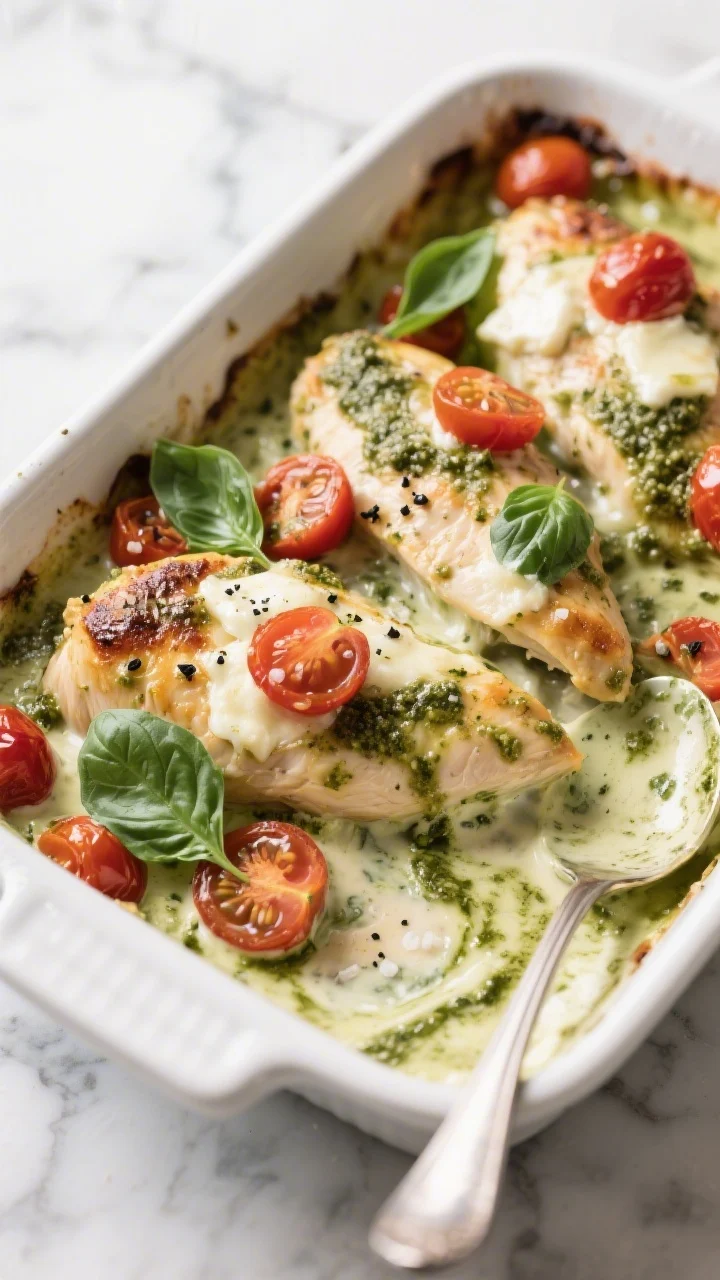 45-degree oven-to-table casserole of creamy pesto baked chicken: boneless, skinless chicken breasts in a bubbling heavy-cream and basil pesto sauce, topped with burst cherry tomatoes and melted mozzarella that’s just beginning to brown. Specks of black pepper and a sprinkle of kosher salt visible on the chicken, torn basil leaves scattered after baking. Set in a white enamel baking dish on a marble counter, with a spoon trailing creamy, green-streaked sauce for irresistible appeal.