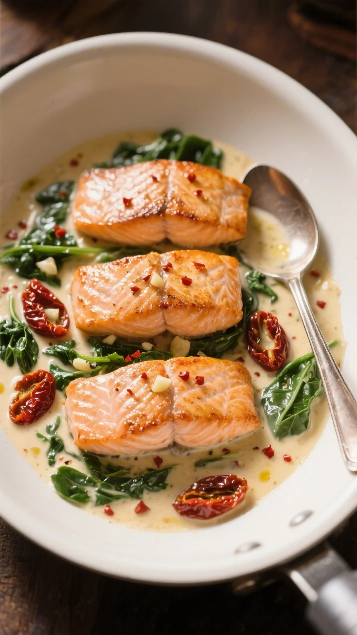 45-degree plated presentation of creamy Tuscan salmon: four seared, skin-on salmon fillets nestled in a rich cream sauce with sun-dried tomatoes and wilted spinach, tiny pools of chili oil from the sun-dried tomatoes, and visible minced garlic. Red pepper flakes sprinkled lightly on the cream, glossy sauce clinging to the fish. Served in a wide, shallow white skillet, a spoon resting in the sauce; warm side lighting to emphasize the salmon’s crispy skin and the sauce’s silkiness.