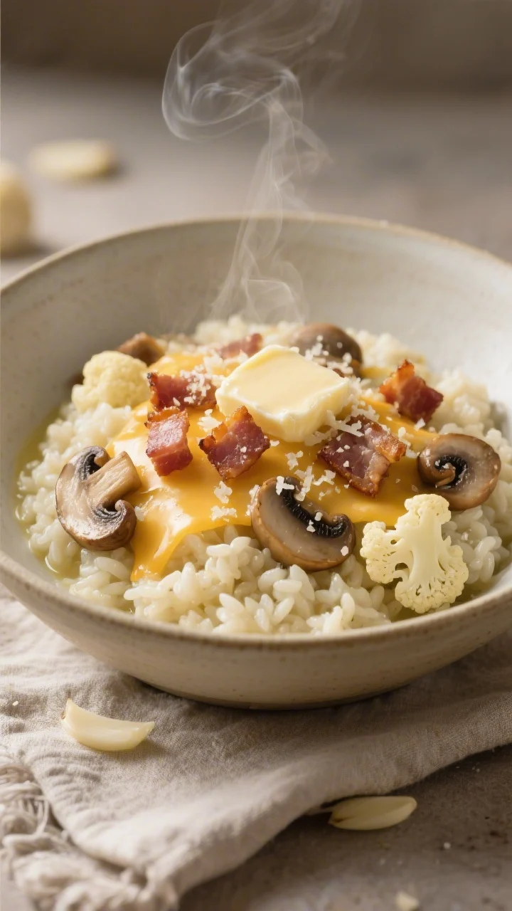 Cozy, straight-on bowl of cheesy cauliflower “risotto” crowned with crispy pancetta and sautéed cremini mushrooms: riced cauliflower simmered with butter, garlic, and a splash of dry white wine or chicken broth, finished extra-creamy and speckled with melted cheese, topped with golden pancetta cubes and burnished mushroom slices. Steam rising, microplane-grated cheese dusted on top, a pat of butter melting into the “risotto.” Neutral ceramic bowl on a linen napkin, warm, inviting light.