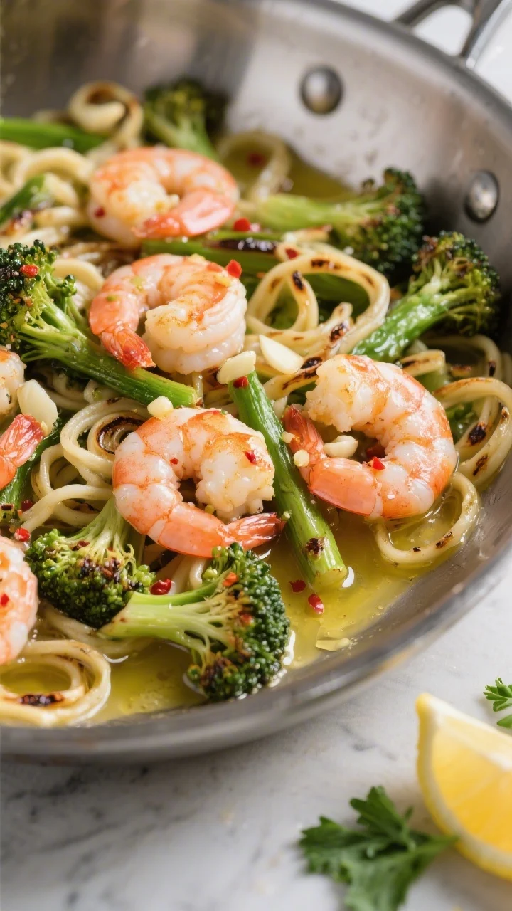 Dynamic close-up of garlic-butter shrimp scampi tossed with roasted broccoli “noodles”: plump, pink shrimp shimmering in melted butter and olive oil with visible minced garlic and a kiss of red pepper flakes, curls of char-edged broccoli stems cut into noodle-like strands. Butter pooling lightly at the bottom, lemon wedges and chopped parsley off to the side. Shot straight-on in a stainless sauté pan to capture steam and gloss, highlighting keto-friendly elegance.