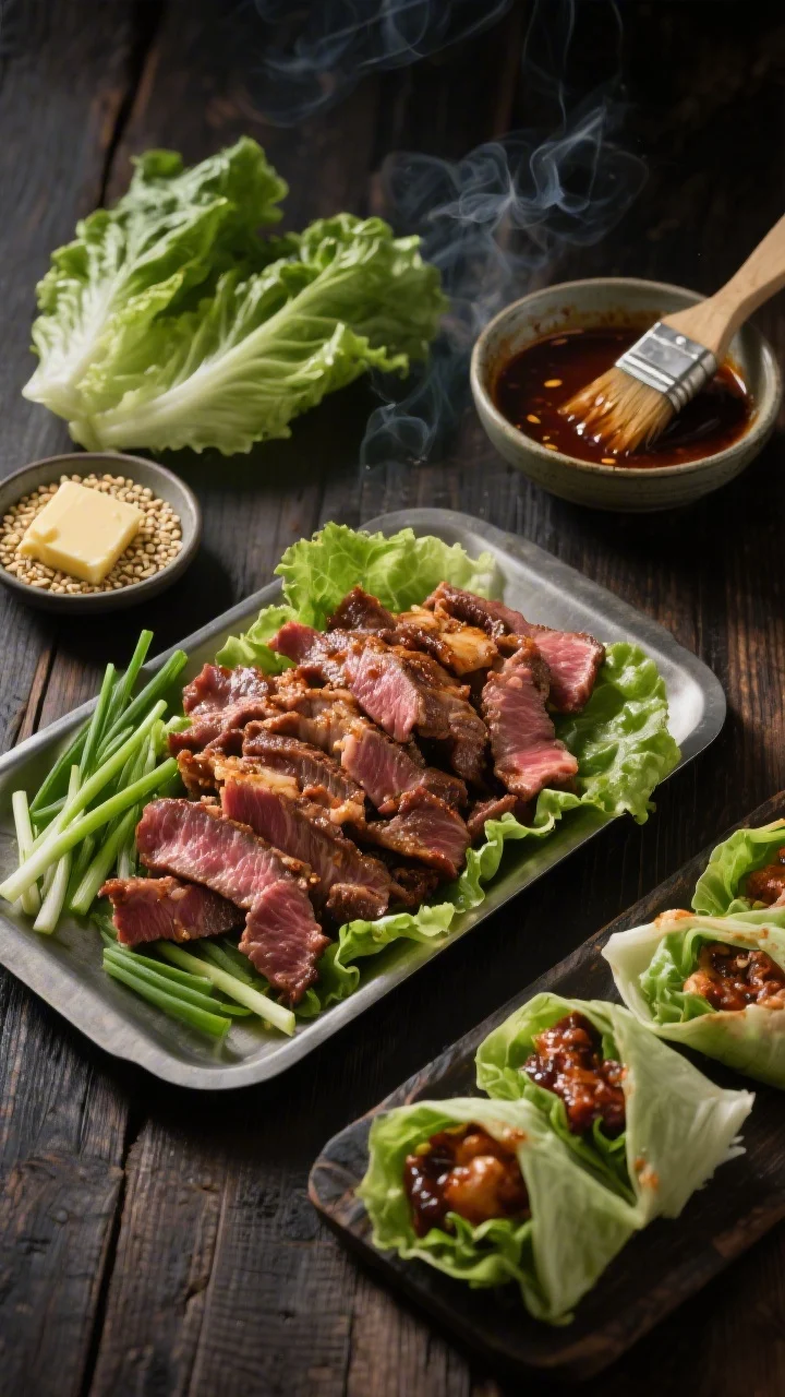 Ingredient-forward prep flat lay for Korean-inspired bulgogi lettuce wraps: very thinly sliced beef sirloin/ribeye mounded on a tray, thinly sliced green onions, crisp butter and romaine lettuce leaves fanned out, a small dish of toasted sesame seeds, and a glossy bulgogi marinade in a bowl with a brush. Dark wood background, moody lighting to suggest smoky, caramelized edges to come; neat, organized components ready for fast searing and wrapping.