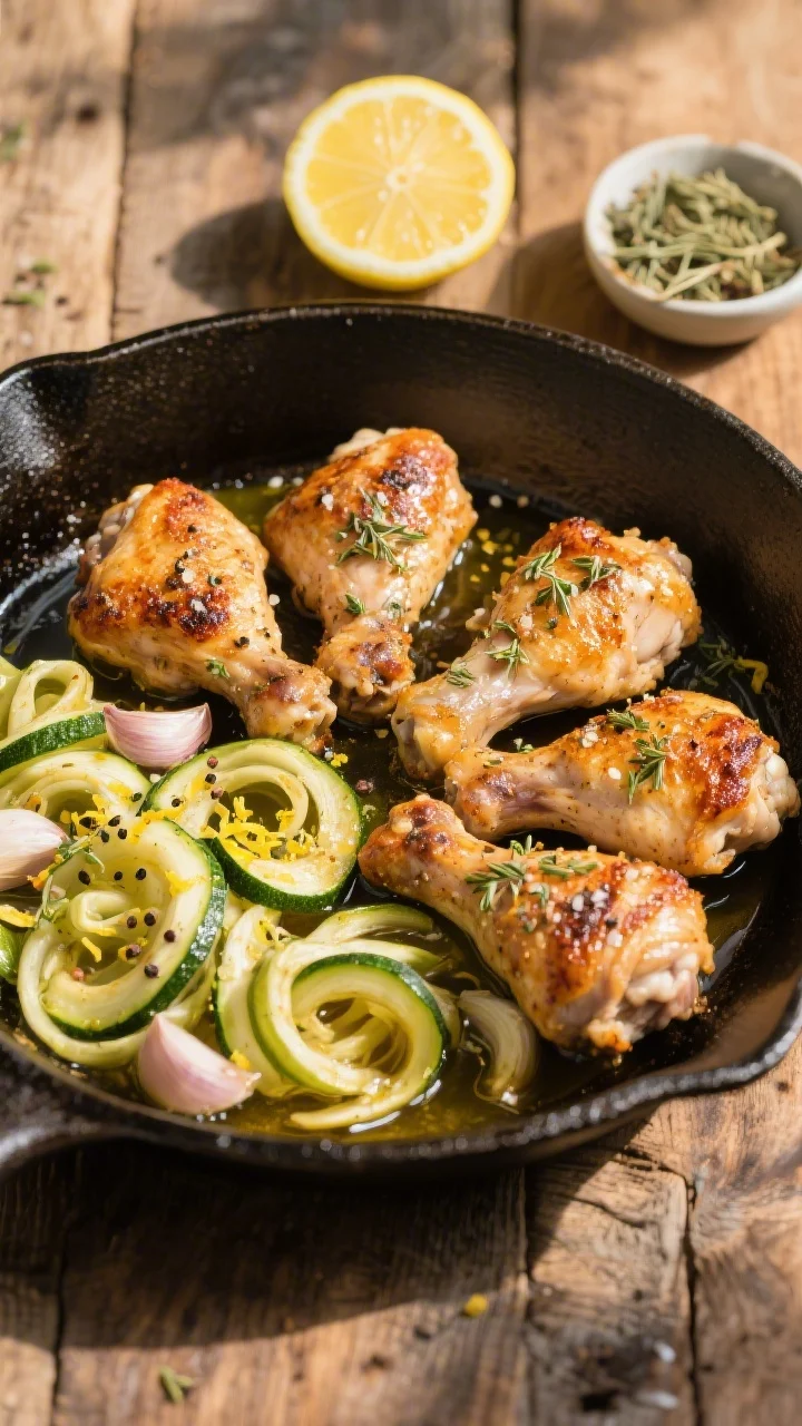 Overhead shot of crispy lemon-herb chicken thighs just out of the skillet: six bone-in, skin-on thighs with deeply rendered, blistered skin, seasoned with kosher salt, black pepper, garlic powder, dried oregano, and thyme, glistening with olive oil. Beside them, garlicky zucchini ribbons tossed in olive oil and flecked with cracked pepper and lemon zest, arranged in loose curls. Styled on a warm cast-iron pan over a rustic wooden surface with a halved lemon and a small bowl of dried herbs; bright, sunlit, Mediterranean mood.
