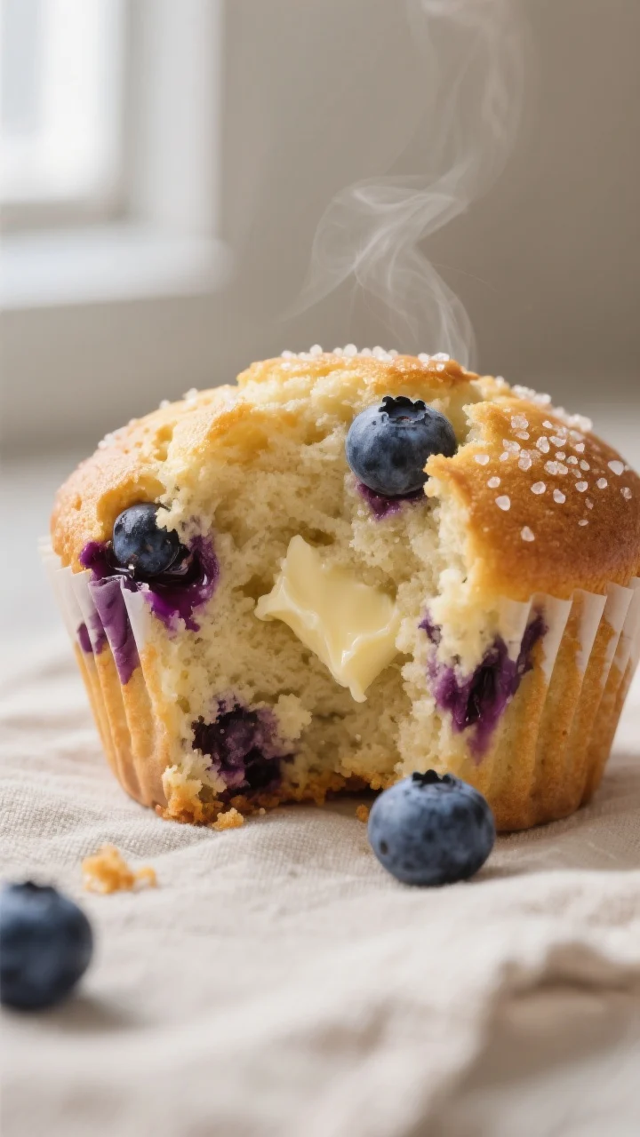 Close-up detail: A freshly baked blueberry muffin torn open to reveal a tender, moist crumb studded 