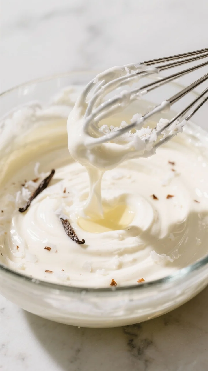 Close-up detail: A glossy, just-mixed bowl of keto coconut cream fat bomb base in a glass mixing bow