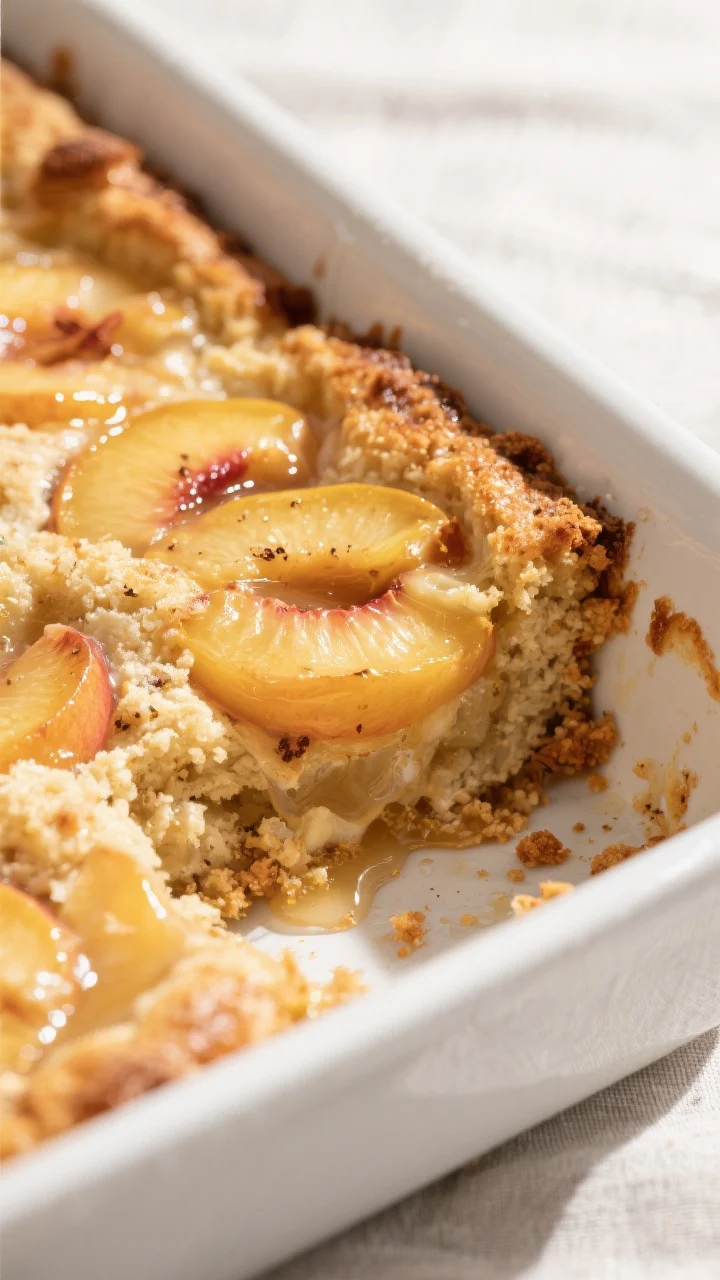 Close-up detail: A just-baked peach cobbler corner shot fresh from the oven, showing a deeply golden
