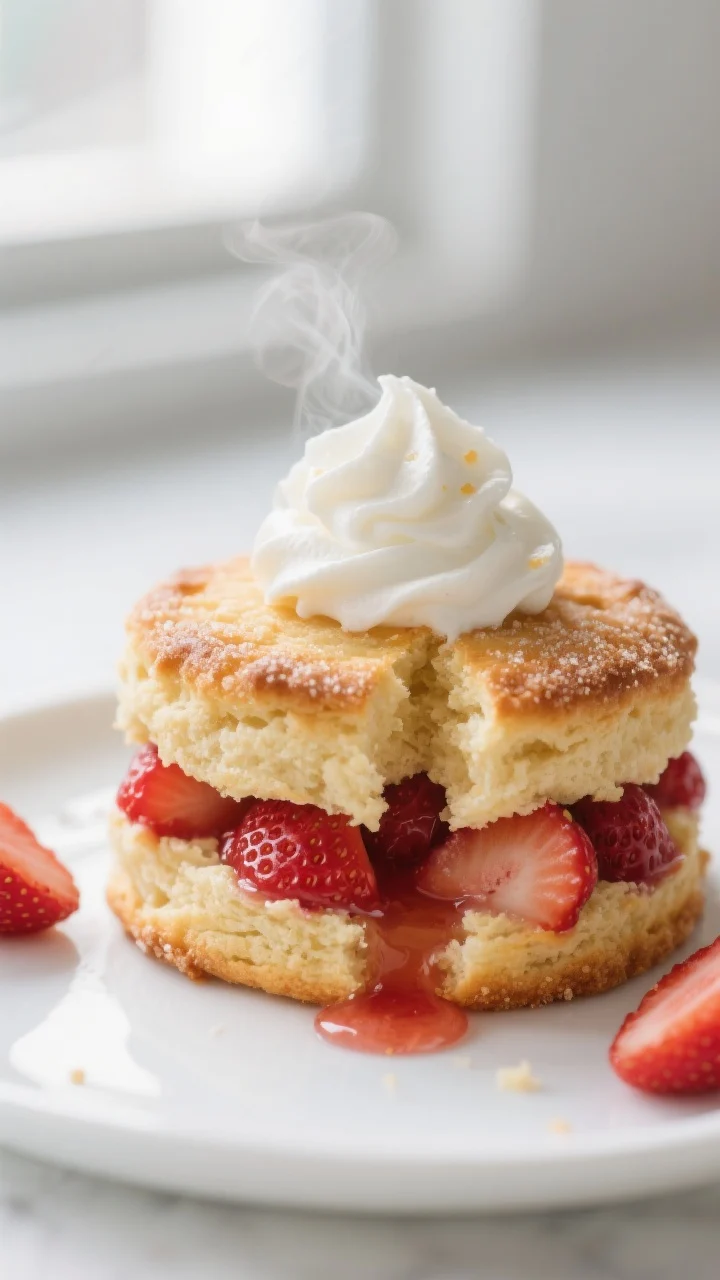 Close-up detail: A just-baked shortcake biscuit split open while still warm, steam faintly visible,